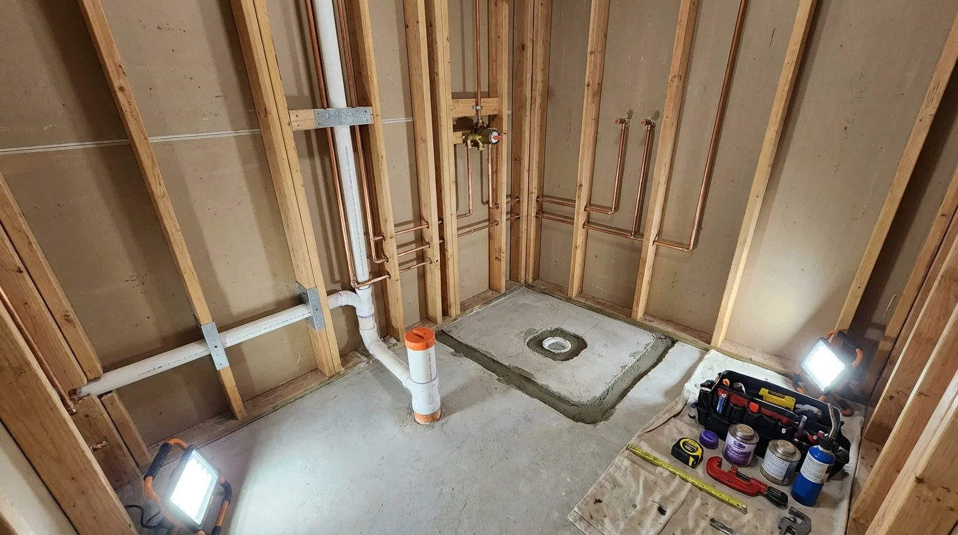 Bathroom rough-in plumbing during remodel by Johns Plumbing LLC in Pine Level