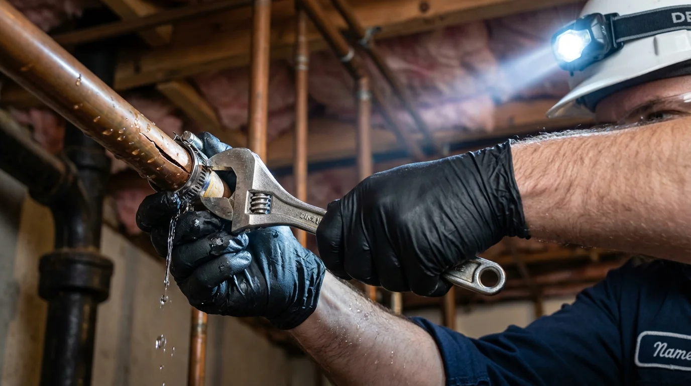Emergency pipe clamp repair being performed by a Johns Plumbing LLC plumber in Pine Level