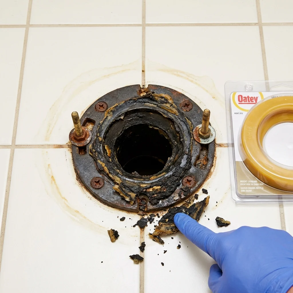 Failed wax ring showing water seepage at the base of a toilet in a Pine Level, NC home